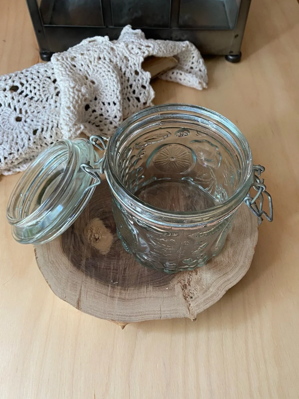 Glass Clamp-Lid Storage Jar Vintage embossed Decor